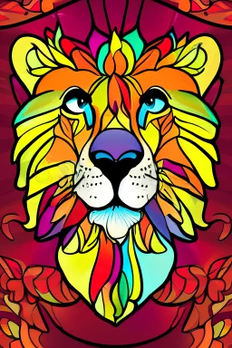 colorful kawaii cute splendid lion cub, perfect flowers, bright deep vibrant color, high detail, 3D vector art, cute and quirky, fantasy art, centered, in frame, stained glass