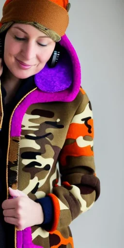 Brunette woman. average body type, think thighs and thick calves. Mantle is sewed of recycled Denim and sewed together of camouflage pieces. Printed camouflage figures are orange,terracotta, cream and purple. It is with big bright purple felt tippet and cream-colored-hood. mantle is merged with satchel. . AKG-style headphones (gold rings!) is merged with small felt cap with small visor. Style: Haute Couture in 1936, Paris fashion in 2023, inspired by street art. Cream latex gaiter.