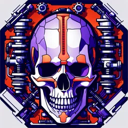 A flat vector icon of a mechanical human skull, layered, bilateral symmetry, inframe, one subject, purple orange and red dynamic lighting,