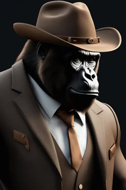 Anthropomorphic gorilla with brown cowboy hat, hyper-realistic brown suit and tie 8k, side view