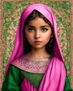 Artistic Pink green little palestinian girl , PRINT medieval style