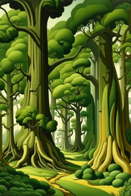 A green forest with giant trees painted by Thomas Hart Benton