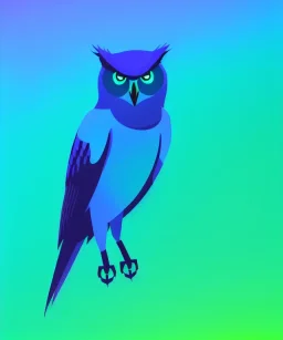 friendly full body owl, blue and green gradient, one color background