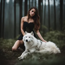 Beautiful young girl kneeling next to a white wolf