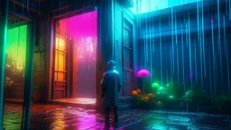 Effervescent, multicolored rain painting the air and the earth below with a vibrant, dreamlike palette of colors., Smart lighting, figure, octane render volumetric, highly detailed videogame aesthetic