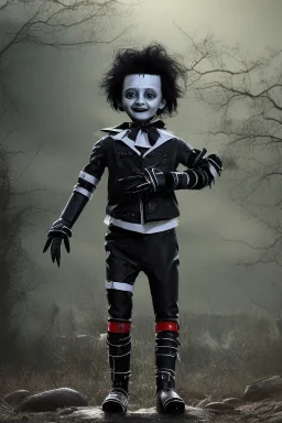 Edward scissorhands toddler, full body, jump, bokeh, hyper realistic