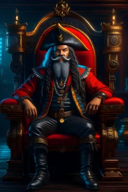 A pirate captain made of wood sitting on a Thrones ((masterpiece)), (beauty:1.3), iconic asp headpiece, UHD, 64K, hyperrealistic, vivid colors, , 8K resolution, throne room background with hieroglyphics, HDR depth, ultra detail, commanding regal aura, real photo