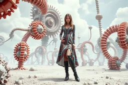 beautiful full body with long boots and midi dress lady in surreal world made of fractal random size mechanical basic objects with helical strip colors,geers, in clothing similar to environment full body posing to camera