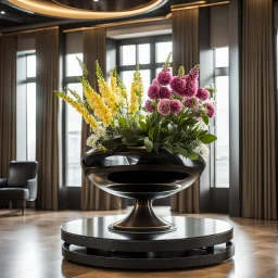 a luxury vase of flower on a turning turntable in modern hall