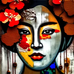 an abstract painting of rusted metal and japanese cherry blossoms, Geisha portrait, rust, scaffolding, iron cladding, decay, mixed media, textured, anatomically correct, beautiful perfect face, sharp focus, highly detailed 8k by monet