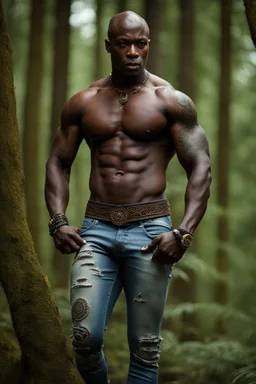 Alimi Ballard as muscular man bald with tribal tattoos wearing jeans and a teeshirt, fantasy, forest