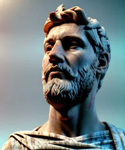 Ultra Realistic image, roman sculpture, marble deluxe material, Lionel Messi, Greece Laurel crown, miguel angel style, chisel style, emperador, waist up portrait, cinematic lighting, God light, god rays, 4k resolution, smooth details, ornate details, soft lighting, unreal engine 5, sky background.