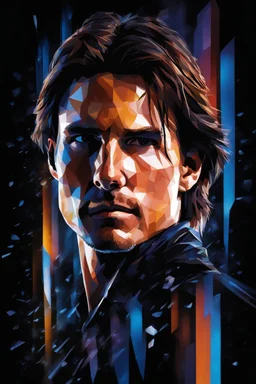 Tom Cruise facial portrait - pitch-black background with a blue glowing overhead spotlight effect, multicolored shards of ice, splashing water, prism effect, mosaic effect, time travel, space voyages, superheroes, moving really fast