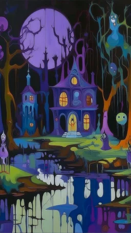 A purple haunted mansion with ghosts near a swamp designed in African pottery painted by Wassily Kandinsky