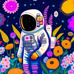 "floral astronaut" hand-drawn digital art, flowers everywhere, colorful garden, beautiful galaxy, REALISTIC, anime, 4k, high resolution, full details, 2560x1600