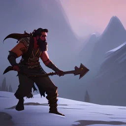 a male bearded fantasy hero fighting a goblin with a Warhammer in the mountains