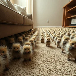 digital photography, long shot of the floor under a couch where an infinity stretches of an army of anthropomorphic fluff weasel hairball soldiers aligned in marching formations, fantastical, intricate details