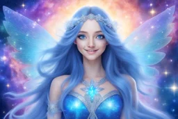 A beauty Fairy women with long blue straight hair, with a beautiful face, and Blue big eyes. She has Crystal wings and sweety elegant smile.She Is a magic sacred dancer in cosmica ceremony..the background Is a magic coloured bright galaxy, with a stars. She Is so fine gentle and with grace