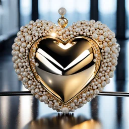 A magnificent golden and silver heart-shaped sign adorned with a stunning golden sphere encrusted with sparkling diamond clusters at its center, elegantly spinning in position.