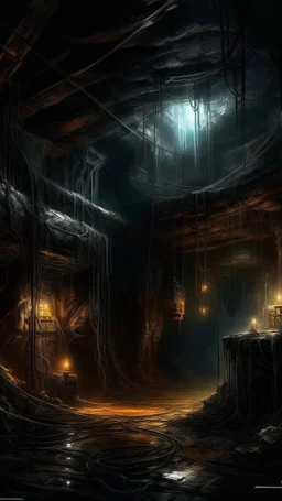 Si-Fi, The cave of Batman atmospheric lighting effects, intricate industrial details, moody atmosphere, eerie grimdark ambiance, complex motherboard accents, speculative fiction art. Bokeh, Busch painting style