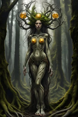 Forest dryad,full body, full shot,forest,Sony Alpha 7 50mm 1.8,medium shot, high-resolution image with fine details, citrine, ultra detailed,ultra realistic,extremely realistic,intricate,photorealistic,epic composition,masterpiece,H.R.Giger style