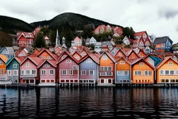 Colored pencil drawing, Very detailed, Realistic, Drawing of the colorfull houses in the city Bergen in Norway. Colorfull, professional, realistic, detailed, ultra HD