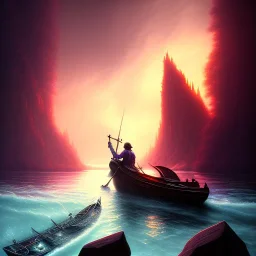 Charon in his boat on the river Styx, red black purple colours, 8k, high definition, fantasy art, winding river, sharp jagged rocks, high contrast colours, sharp colours