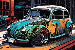 create an abstract, colored linocut of a stripped down, battered and beaten Volkwagen beetle rat rod with highly detailed and deeply cut features, lost in a horrific post apocalyptic world, in the style of KATHE KOLLWITZ , searing lines and forceful strokes