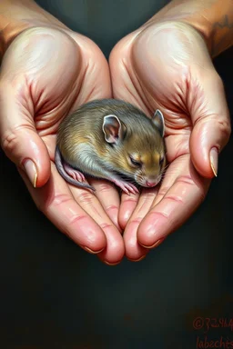 Bosch paint style in oil painting style of a mouse peacefully sleeping in an open hands , The mouse’s fur harmonizes with the scene, that blend with the warmth of the hands , contrasting with natural hands skin
