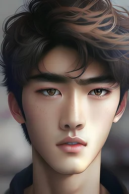 A very beautiful guy with a hair on his eye and brown eyes.seems like korean and cute and simp