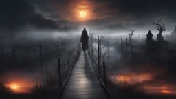 walking straight ahead over a wooden bridge, holding the angel of death with your right hand, entering the fog at the end of the road that leads to the afterlife, and a beautiful sunset and galaxy's behind the fog, realistic