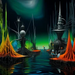 Odd swamp landscape with odd beings, surreal, abstract, Max Ernst style, 120mm photography, sharp focus, 8k, 3d, very detailed, volumetric light, grim, fine art, very colorful, ornate, F/2.8, insanely detailed and intricate, hypermaximalist