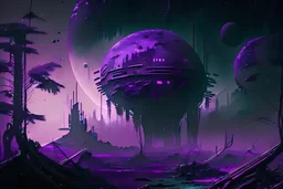 Futuristic Outpost, Alien Planet, Corrupted Forest, Dense Purple Fog, Dead Soil, Black Night Sky, Stars, Space, Distant Planets