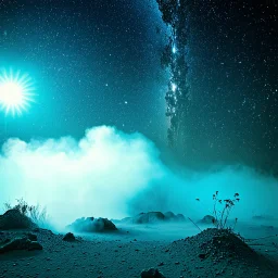 A striking quality Ilford photograph captures a wasteland with liquid and stars, Amano, Audubon, creepy, details of the dust and liquids very accentuated, glossy organic mass, vegetation, adorned with minerals and rocks. Bathed in intense light, eerie, Max Ernst style, white sun, fog