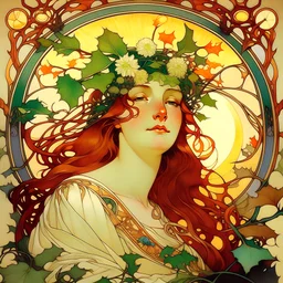 A young girl loose hair and tiara among leaves and flowers at sunset painting by Alfons Mucha