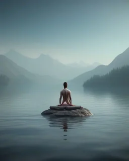 person meditating floating above water with mountains in the background