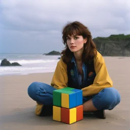 [photo by Kevin Eastman and Peter Laird] focused April O'Neil, 24-years-old solving a Rubik's , sitting leaning against three giant rubik's cubes, the overcast sky and beach in the background, vibrant 1990's movie