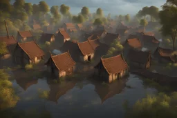 photorealistic, a ruined scorched village is flooded with water