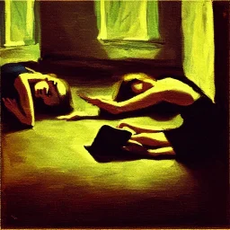 depressed woman typing at a smartphone laying on the floor of a dark bedroom impressionism