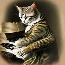 A cat that looks like Wolfgang Amadeus Mozart is playing Piano. Background Music notes are dancing. Immpressionism