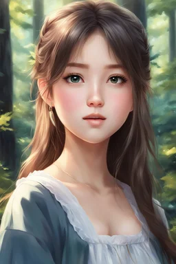 a painting of a young girl in a forest, realistic cute girl painting, realistic anime art style, anime painting, realistic anime artstyle, portrait anime girl, realistic anime 3 d style, beautiful anime portrait, realistic anime style at pixiv, detailed portrait of anime girl, kawaii realistic portrait, cgsociety 9, cute anime girl portrait, stunning anime face portrait