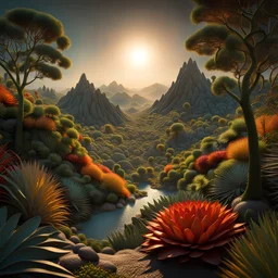 An incredibly peaceful detailed landscape, Max Ernst, Henri Rousseau, Haji Widayat, primordial nature, sun, strong texture, extreme detail, intricate, strong colours, bas-relief, high resolution, volumetric light, 8k, 3d, cinematic, rich moody colors, sparkles, decal, octane render, 55mm photography, 8k, sharp focus, volumetric light, ZBrush