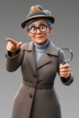 Create a realistic 3D scene of an elderly woman with gray hair tied up in a bun, wearing a trench coat and a detective hat. The image must show the elderly woman in full body, in a dynamic pose. She should be pointing with one hand, while holding a magnifying glass in the other hand. Your expression should be one of surprise or impression, as if you have just discovered something important. The image should capture the moment of discovery, with attention to detail in clothing and accessories, re