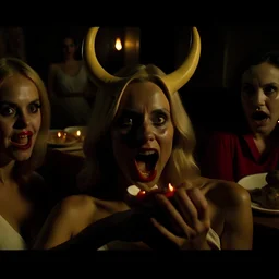 Horror movie shot, spooky, horns, hot, ultra realistic, dine, they enjoy and get excited, ashs, ultra realistic hot blonde women, party, pieces of meat, organs, ail, dynamic, very excited people, 1970's, Dario Argento, hypermaximalist figures, light, Italian horror movie, sinister, ornate, 4k, photorealism