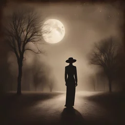 Create a vintage-style image with a sepia-toned color palette, depicting a silhouette gently dissolving into the dark night. The figure should be caught in a moment of melancholic tranquility, appearing to merge with the moonlight that filters through the scene. Incorporate illicit sparkles reminiscent of a long-gone time, flickering against the subtle, somber backdrop. Add delicate red as a subtle highlight, using selective color to draw the eye to specific elements within the composition. The