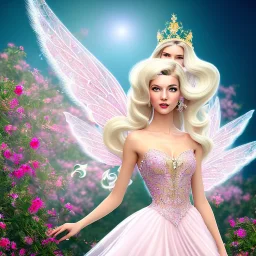 fantasy fairy with transparent wings, smiling, make up, long platinum blond hair with crown and flowers, pink dress