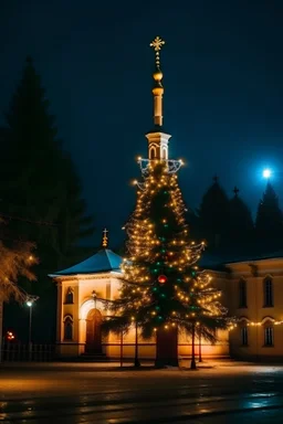 magical Christmas tree against the backdrop of an Orthodox church at night