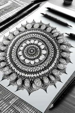 draw a beautiful mandala art in pencil sketch art in black white color only