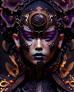 Beautiful vantablack voidcore shamanism biomechanical young faced woman portrait adorned wirh biomechanical bioluminescense vantablack and dark violet and orange and white pearl ribbed glitter cover rose headdress and metallic golden filigree floral. Embossed costume armour organic bio spinal ribbed detail. Of rainy gothica background extremely detailed hyperrealistic maximálist concept art
