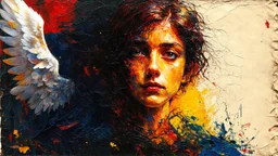 old worn postcard, Portrait Light and darkness in one person, angel and demon in one person, abstract art additional colors small details,